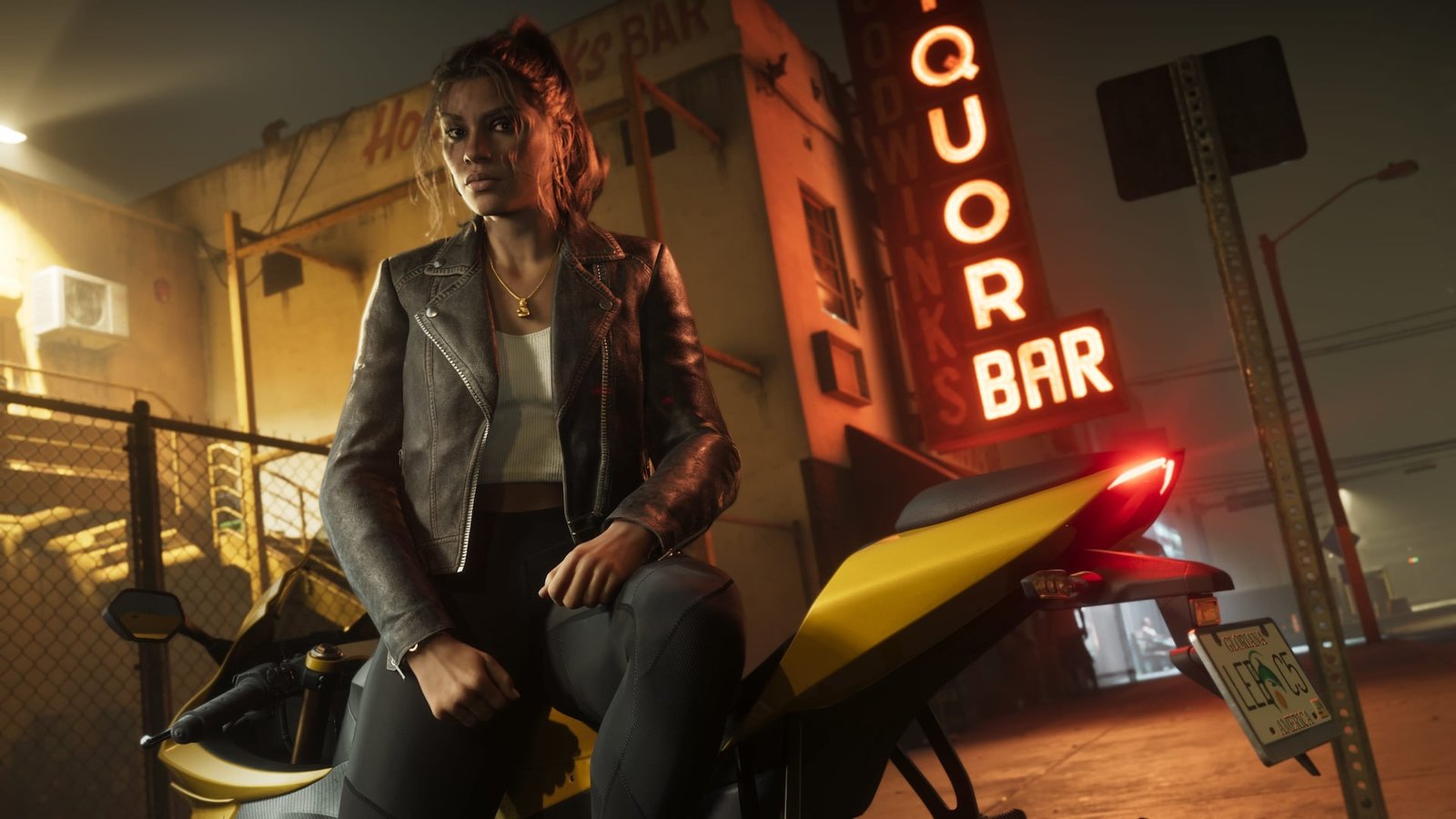 Lucia Caminos beside a motorcycle under Vice City neon lights in Grand Theft Auto VI